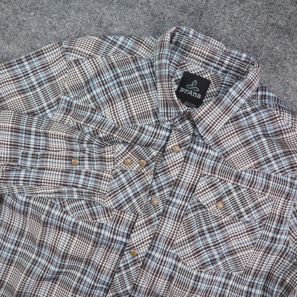 prAna Shirt Mens Small Snap Plaid Blue Brown Western Cowboy Outdoor Hiking